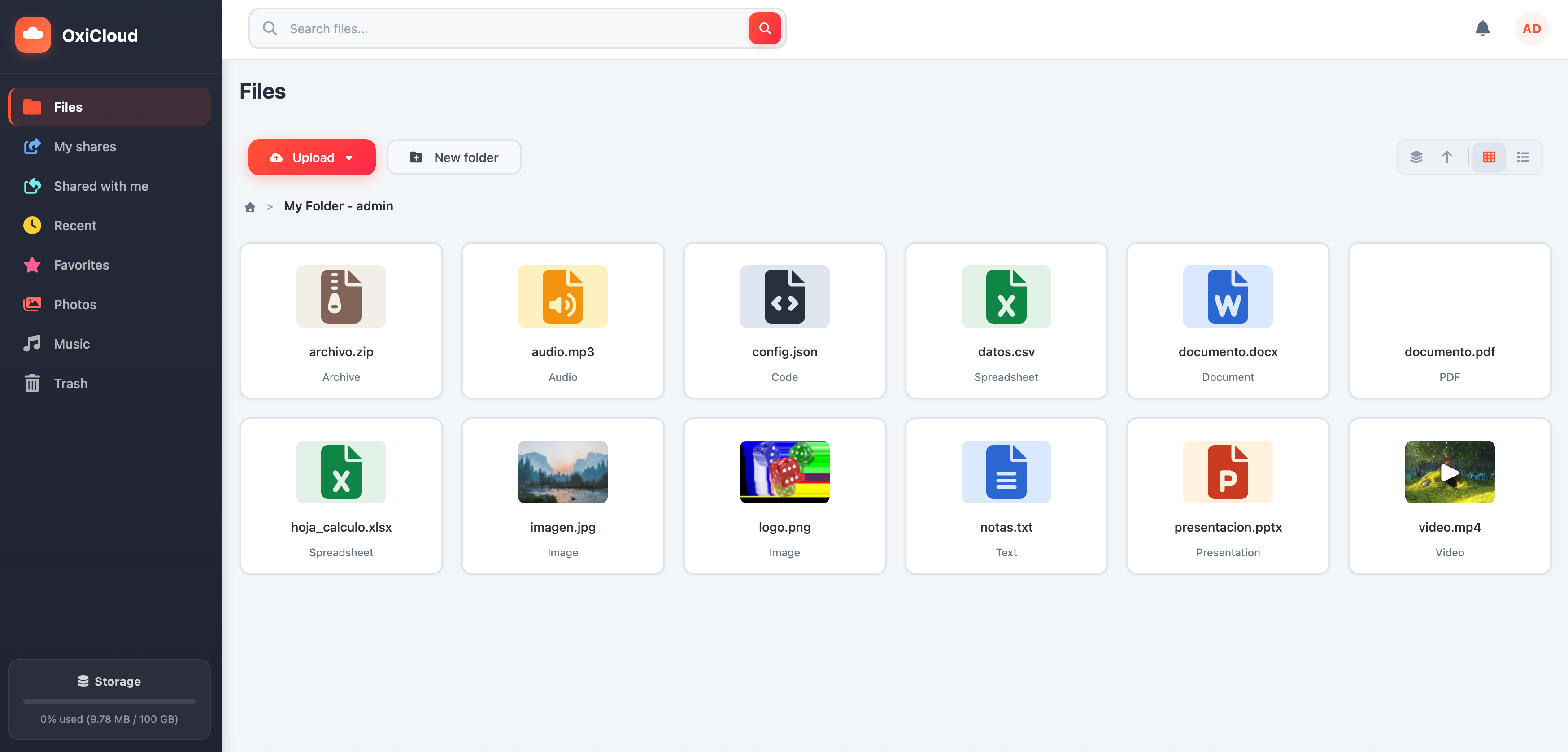 OxiCloud dashboard